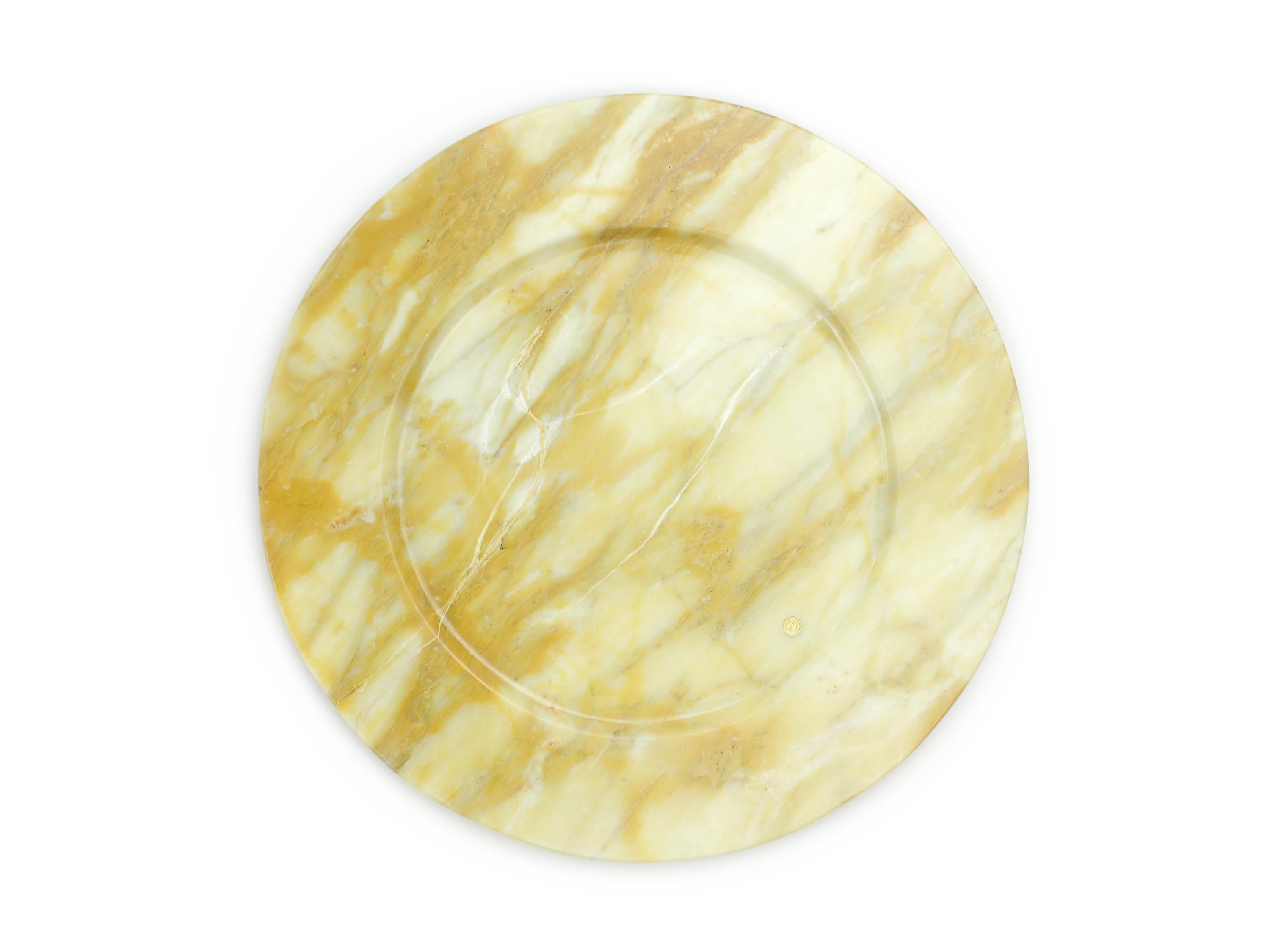 Hand-Carved Charger Plate Platters Serveware Set of 4 Yellow Marble Collectible Design Italy For Sale
