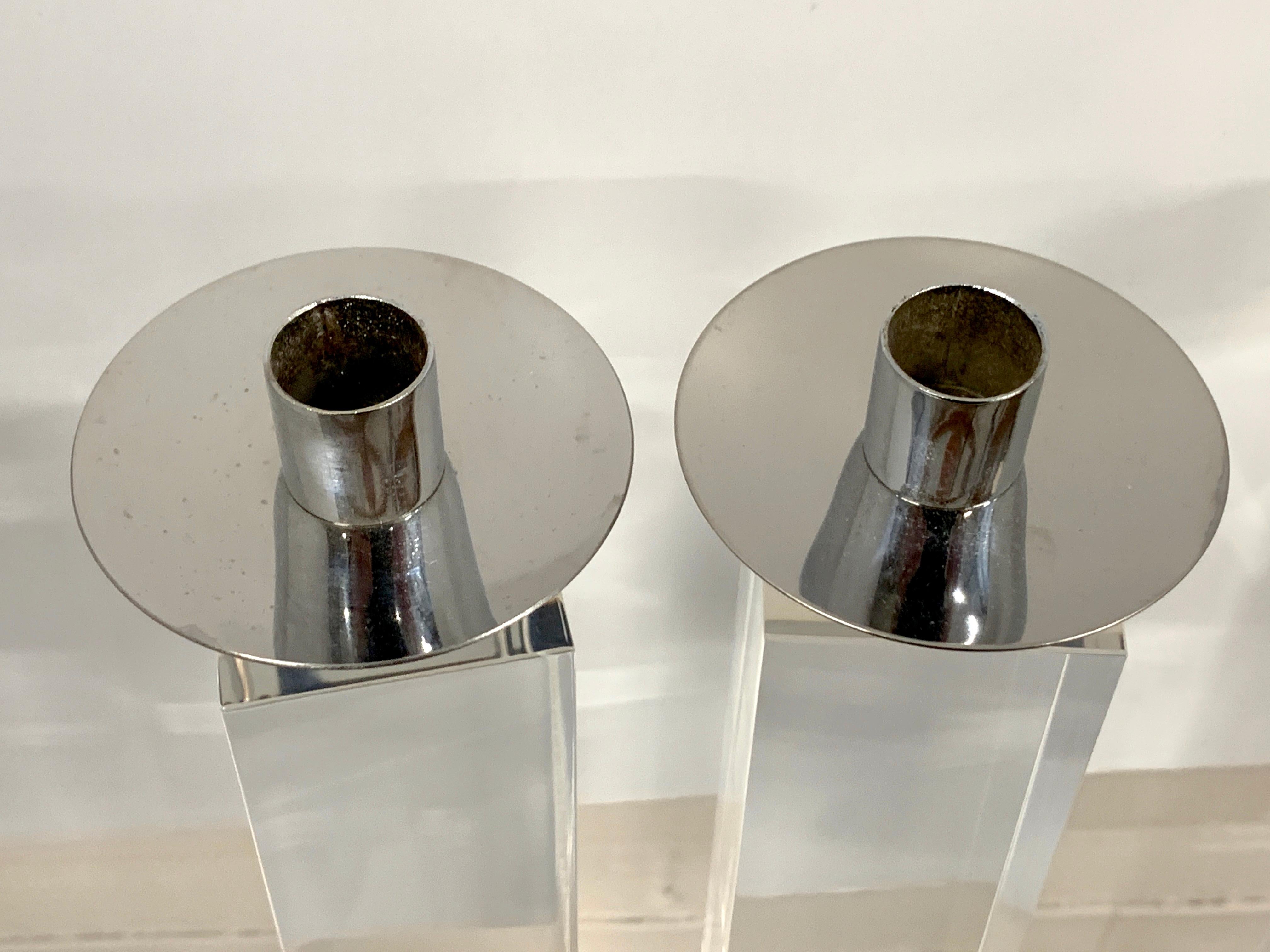 Contemporary Set of 4 Charles Hollis Jones Lucite Nickel Candleholders