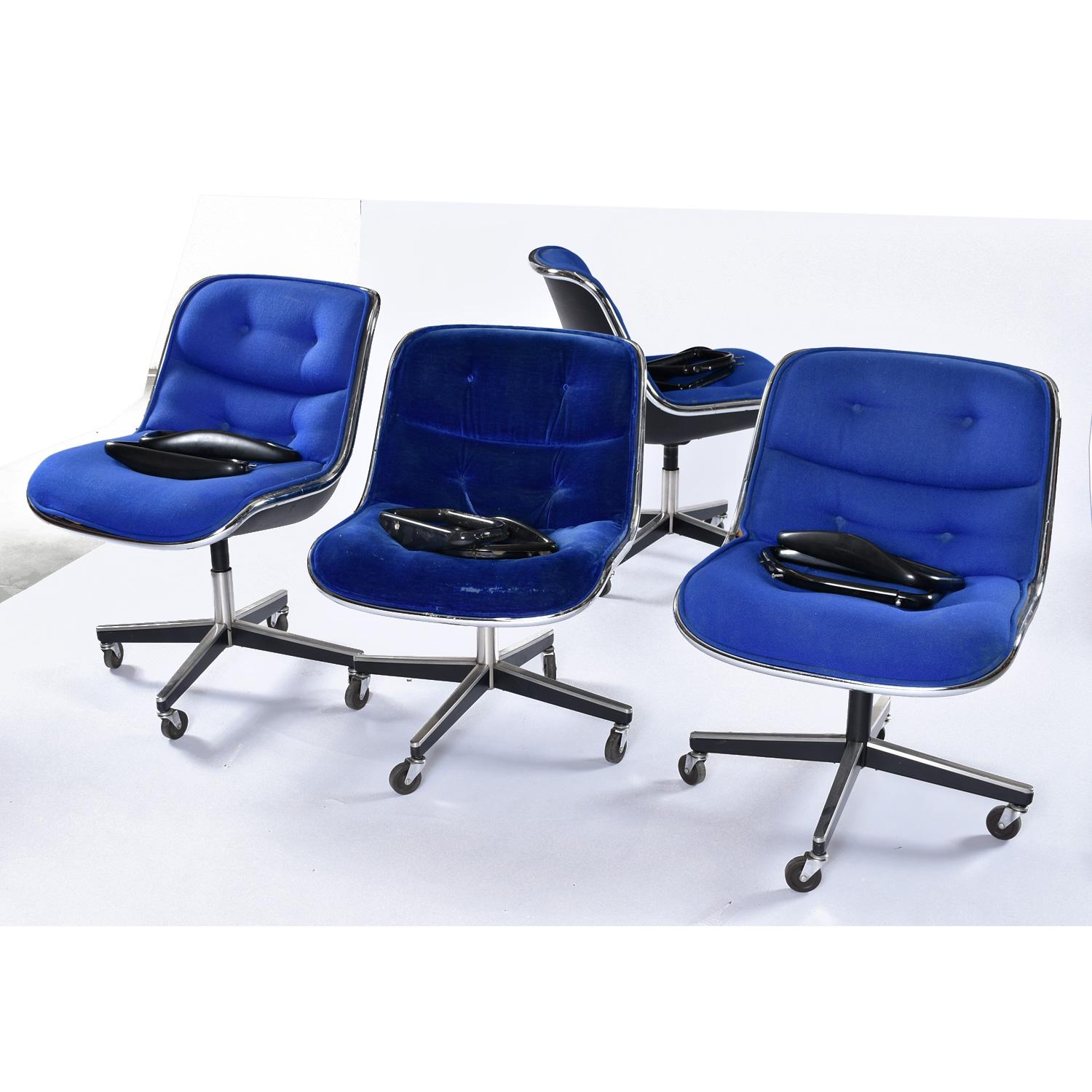 Mid-Century Modern Set of (4) Charles Pollock for Knoll Blue Tweed & Velvet Executive Chairs