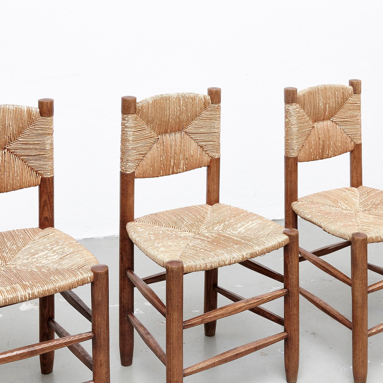 French Set of 4 Charlotte Perriand Mid Century Modern, Oak Ratta Model 19 Bauche Chairs