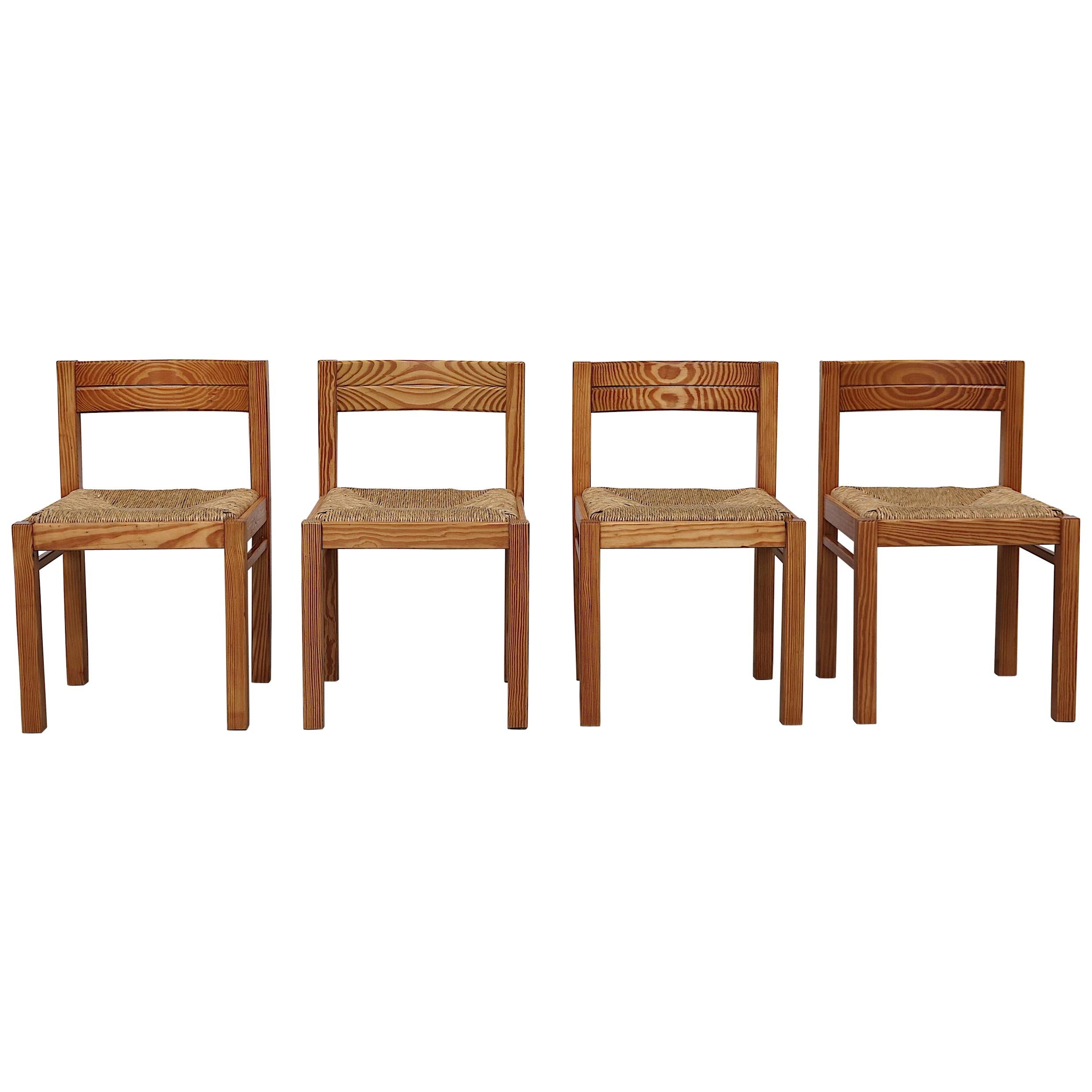 Set of 4 Charlotte Perriand Inspired Pine and Rush Dining Chairs at