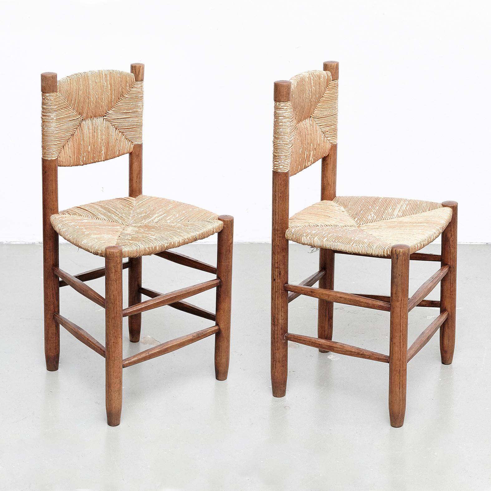 French Set of 4 Charlotte Perriand Mid-Century Modern, Oak Ratta Model 19 Bauche Chairs