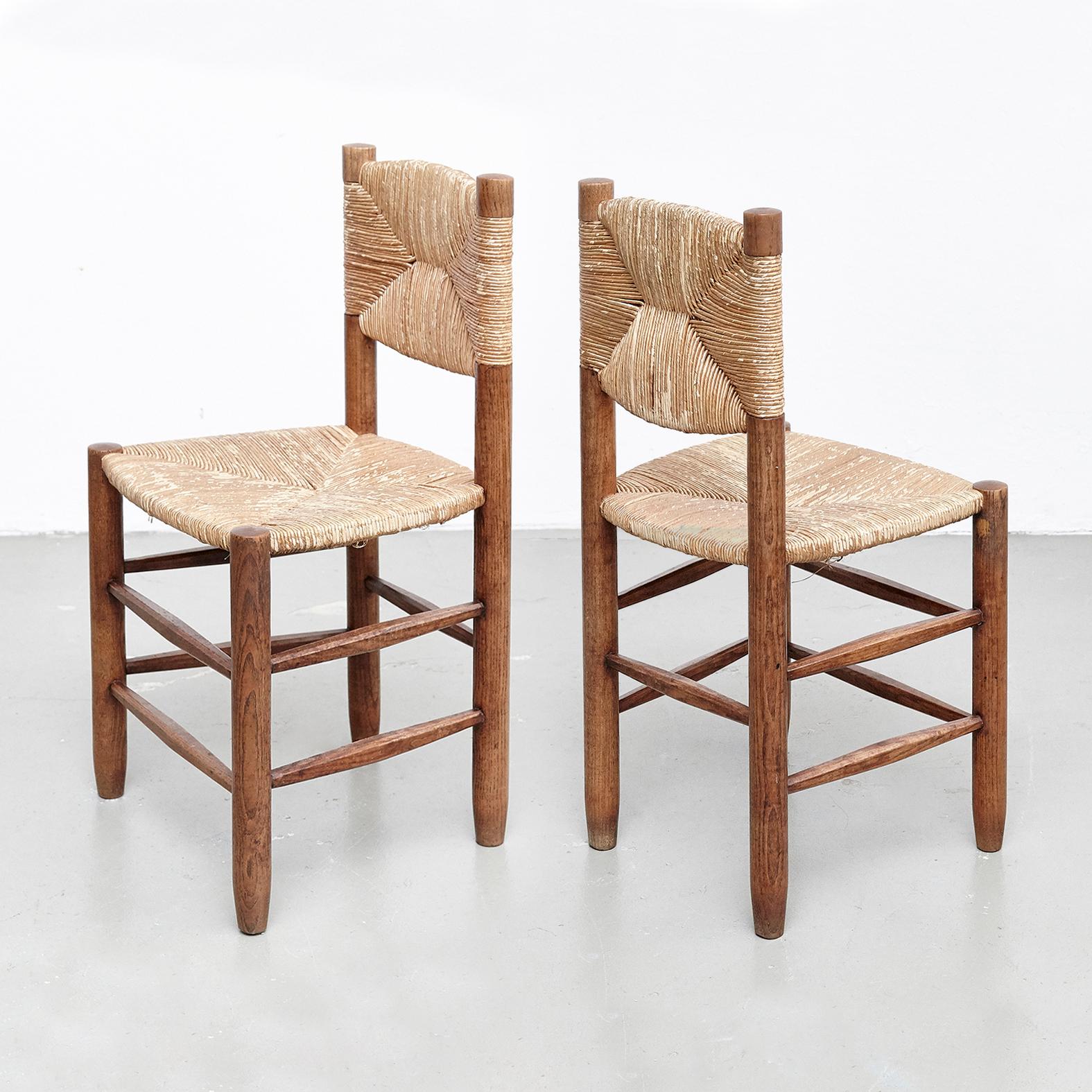 Set of 4 Charlotte Perriand Mid-Century Modern, Oak Ratta Model 19 Bauche Chairs In Good Condition In Barcelona, Barcelona