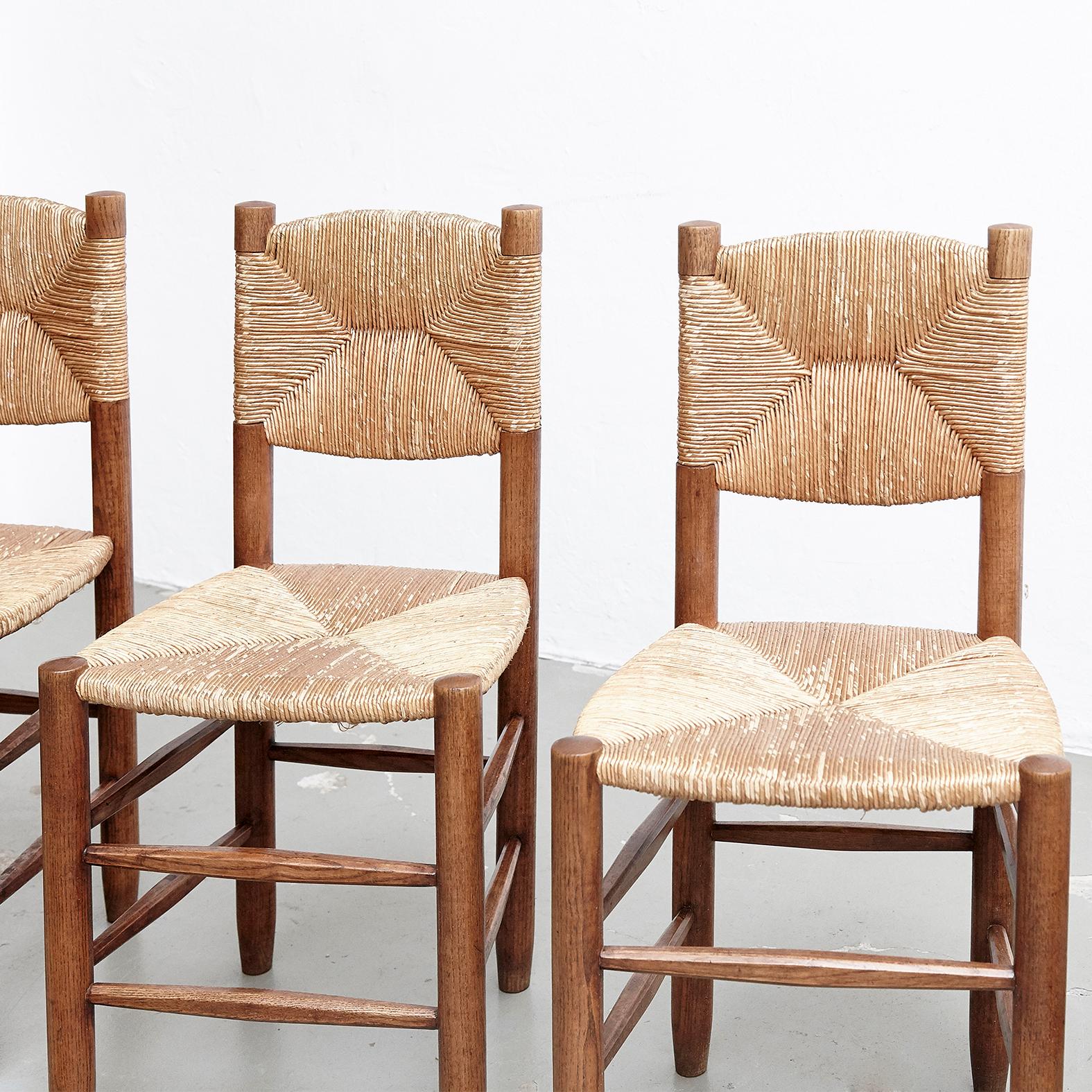 Rattan Set of 4 Charlotte Perriand Mid-Century Modern, Oak Ratta Model 19 Bauche Chairs