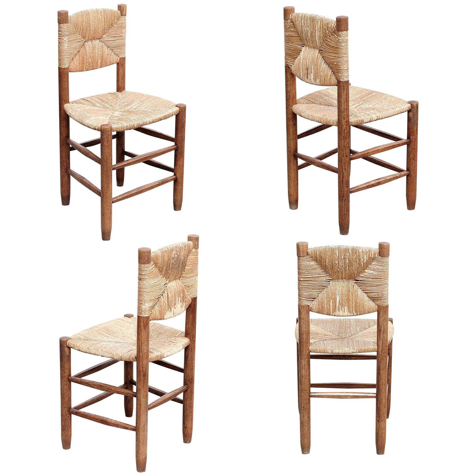 Set of 4 Charlotte Perriand Mid-Century Modern, Oak Ratta Model 19 Bauche Chairs