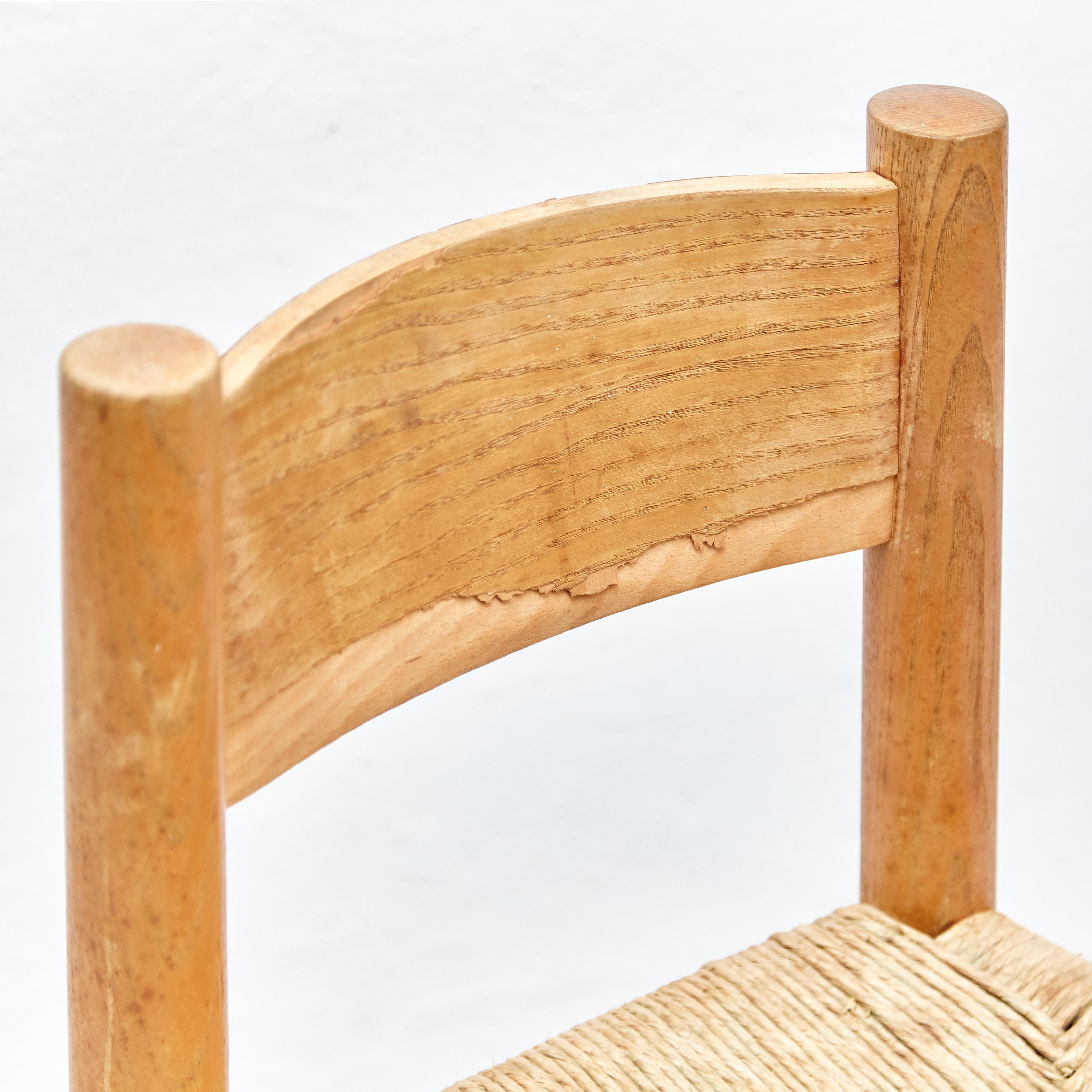 Set of 4 Charlotte Perriand Mid-Century Modern Wood Rattan Meribel French Chairs 12