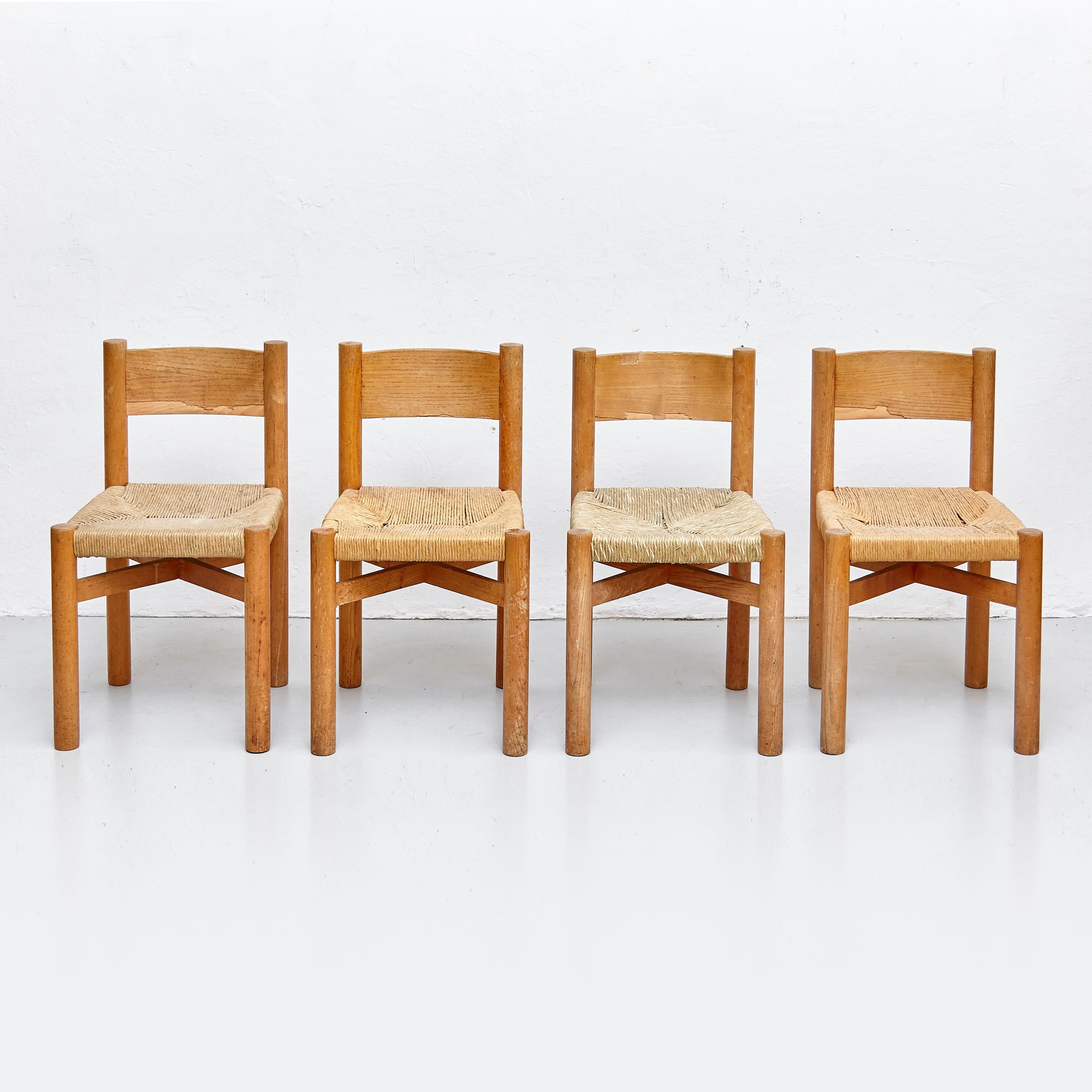 Chair model meribel, designed by Charlotte Perriand, circa 1950, manufactured in France.

Wood and rattan.

In original condition, with minor wear consistent with age 
and use, preserving a beautiful patina.

Charlotte Perriand (1903-1999)