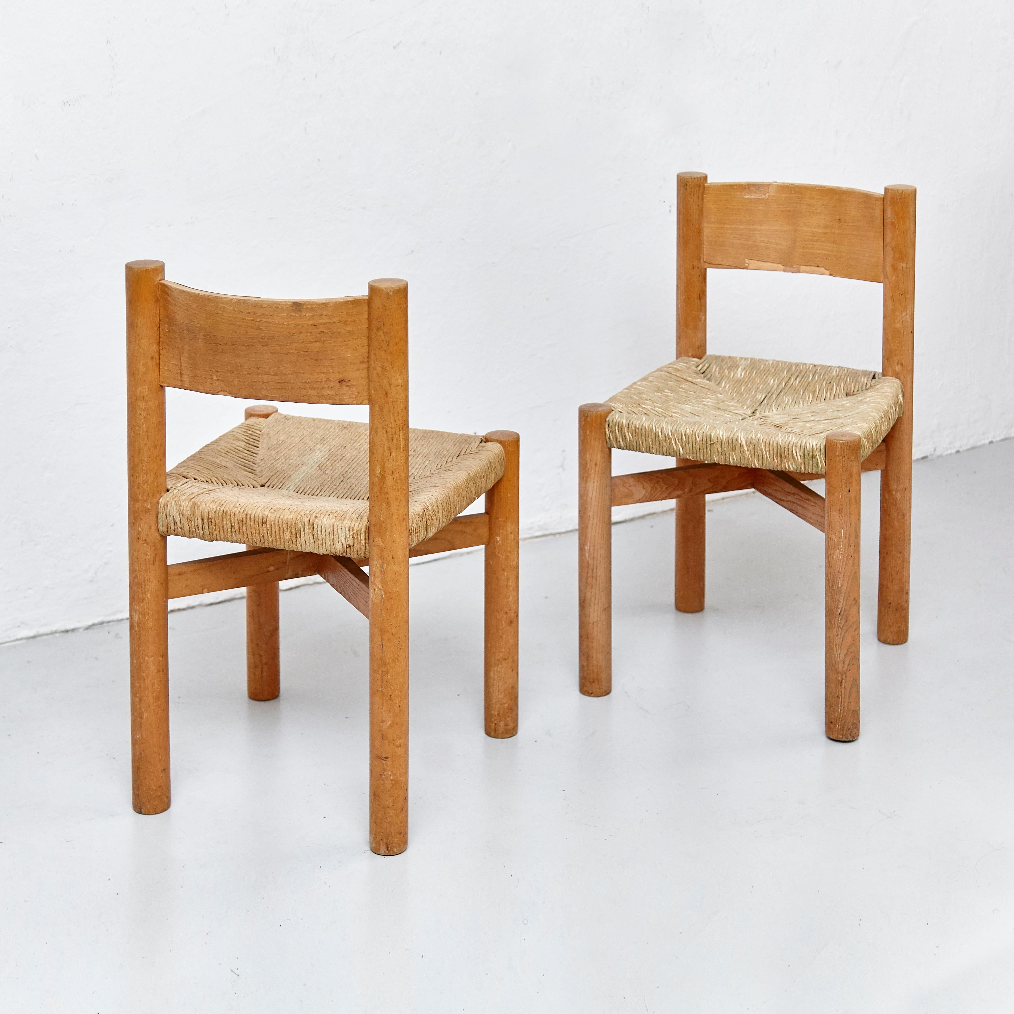 Set of 4 Charlotte Perriand Mid-Century Modern Wood Rattan Meribel French Chairs 2