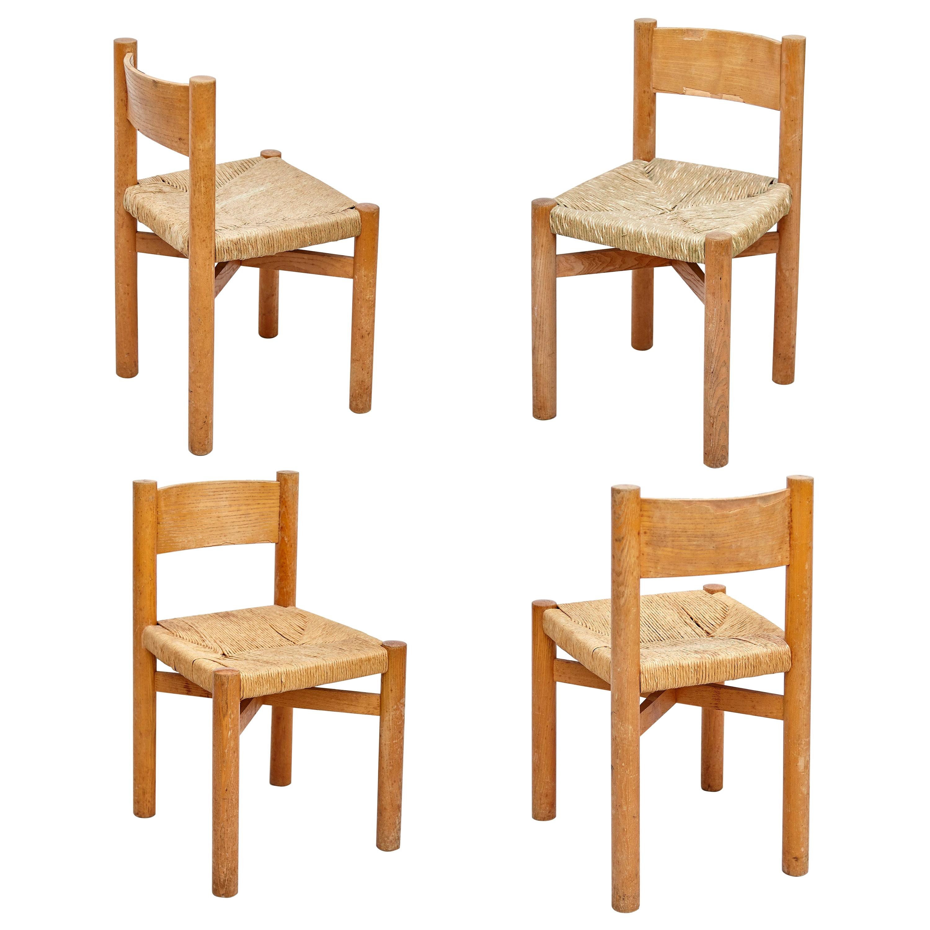 Set of 4 Charlotte Perriand Mid-Century Modern Wood Rattan Meribel French Chairs