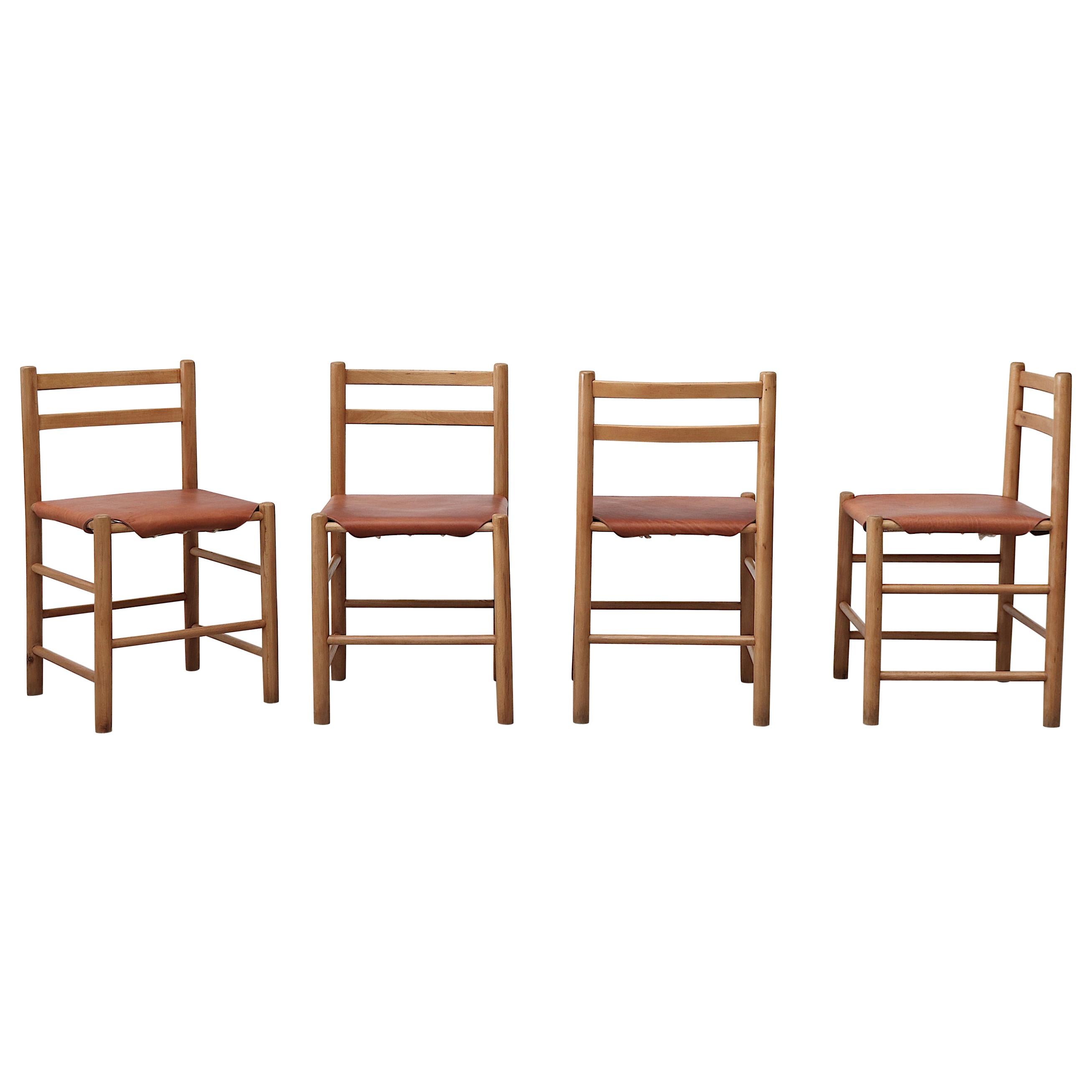 Set of 4 Charlotte Perriand Style Pine and Leather Dining Chairs