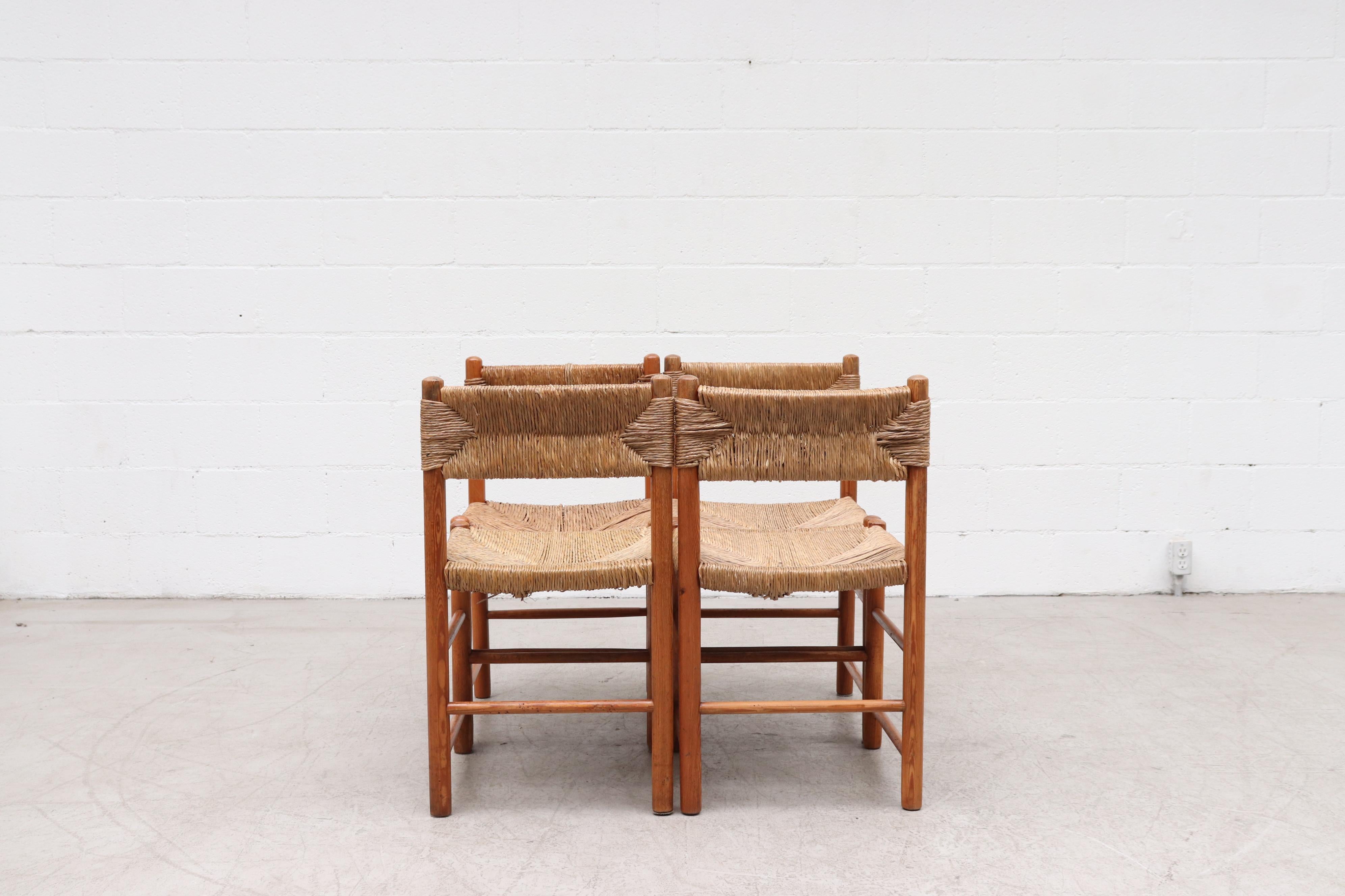 Mid-Century Modern Set of 4 Charlotte Perriand Style Pine and Rush Dining Chairs