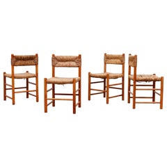 Set of 4 Charlotte Perriand Style Pine and Rush Dining Chairs