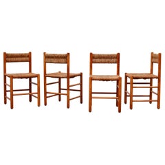 Set of 4 Charlotte Perriand Style Pine and Rush Dining Chairs