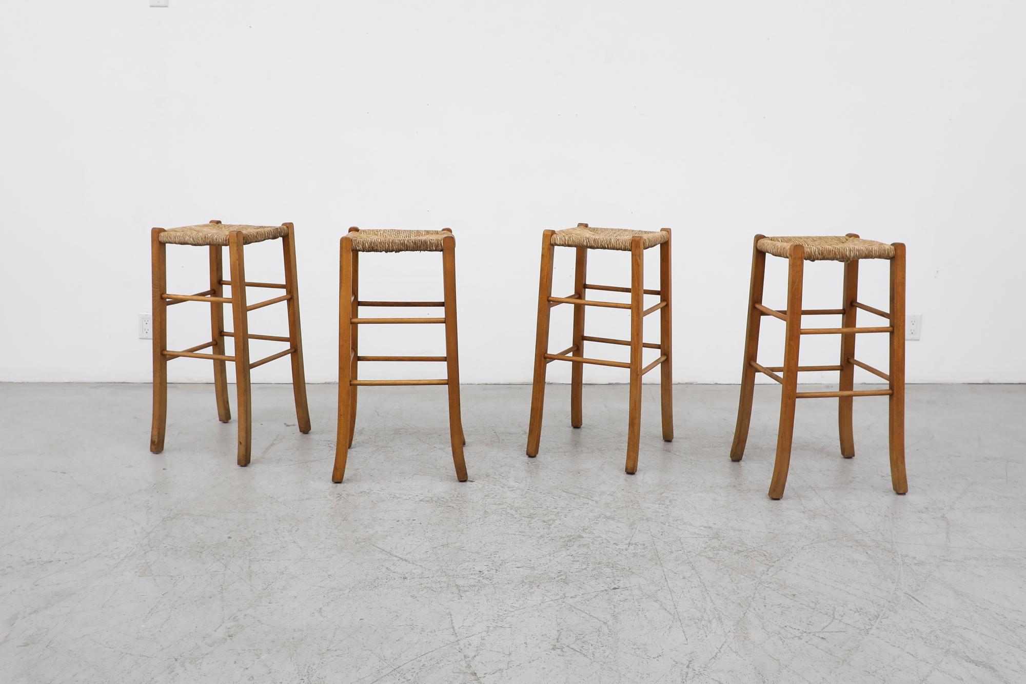 Set of 4 Charlotte Perriand Style Rush and Oak Bar Stools 8
