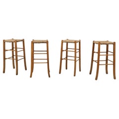 Set of 4 Charlotte Perriand Style Rush and Oak Bar Stools