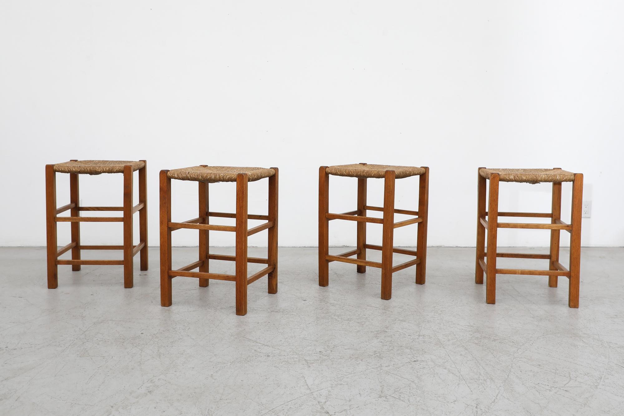 Set of 4 Charlotte Perriand Style Rush and Oak Stools 6