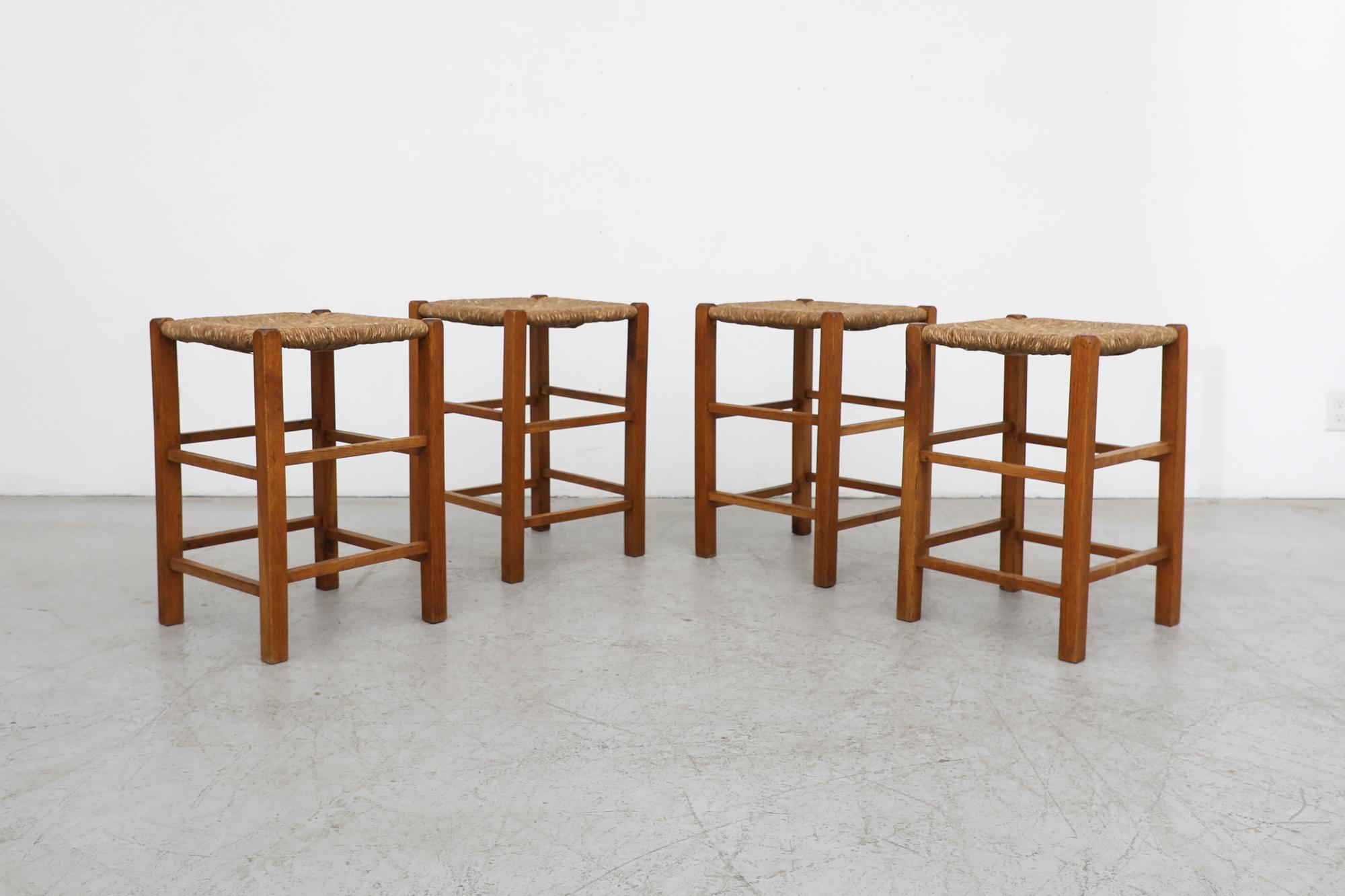 Mid-Century Modern Set of 4 Charlotte Perriand Style Rush and Oak Stools