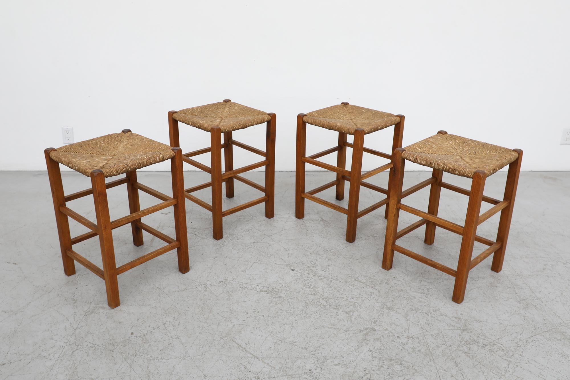 Dutch Set of 4 Charlotte Perriand Style Rush and Oak Stools