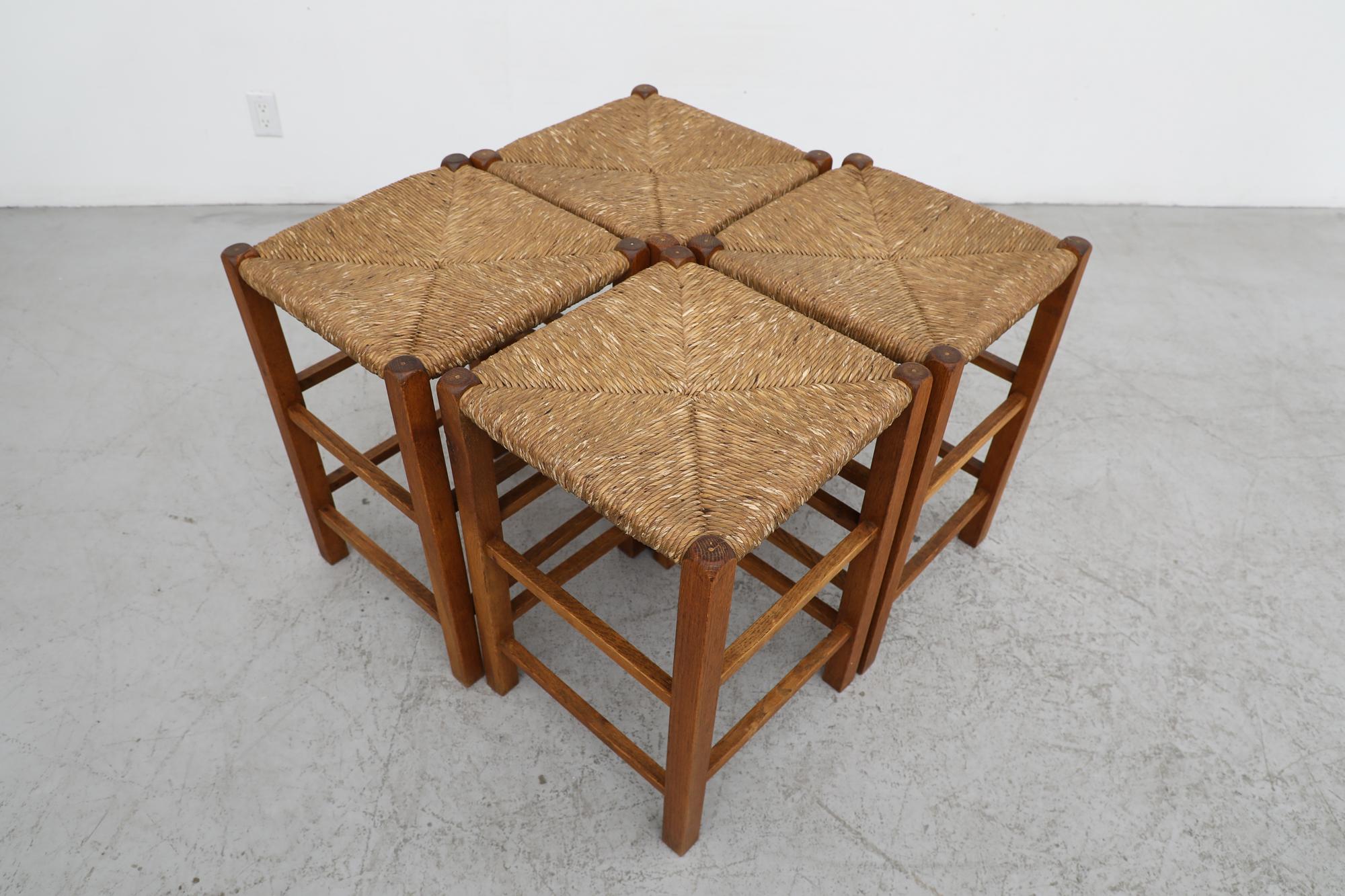 Set of 4 Charlotte Perriand Style Rush and Oak Stools In Good Condition In Los Angeles, CA