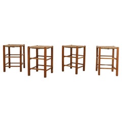 Set of 4 Charlotte Perriand Style Rush and Oak Stools