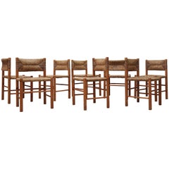 Set of 4 Charlotte Perriand Style Rush and Pine Chairs