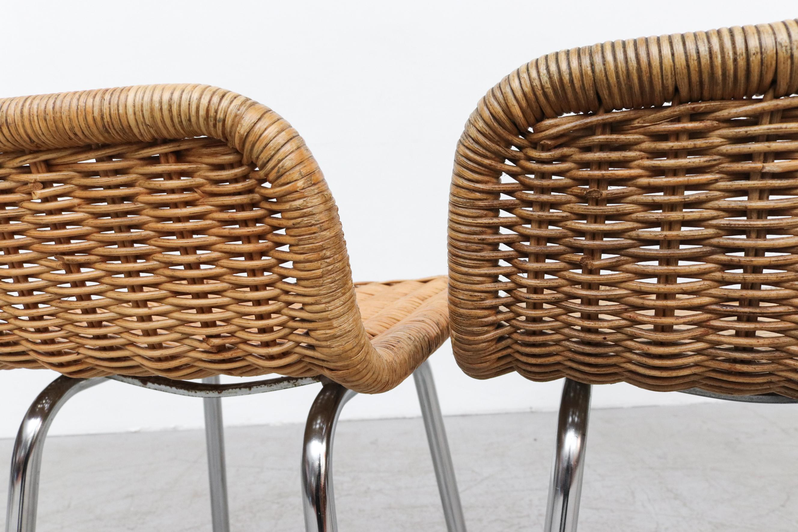 Mid-Century Modern Set of 4 Charlotte Perriand Style Wicker and Chrome Dining Chairs For Sale