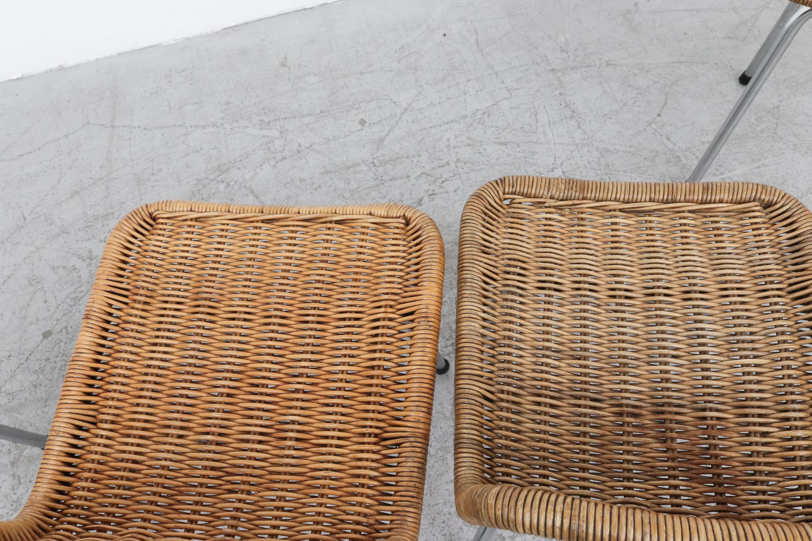 Woven Set of 4 Charlotte Perriand Style Wicker and Chrome Dining Chairs For Sale