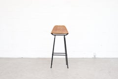 Set of 4 Charlotte Perriand Style Wicker and Chrome Bar Stools