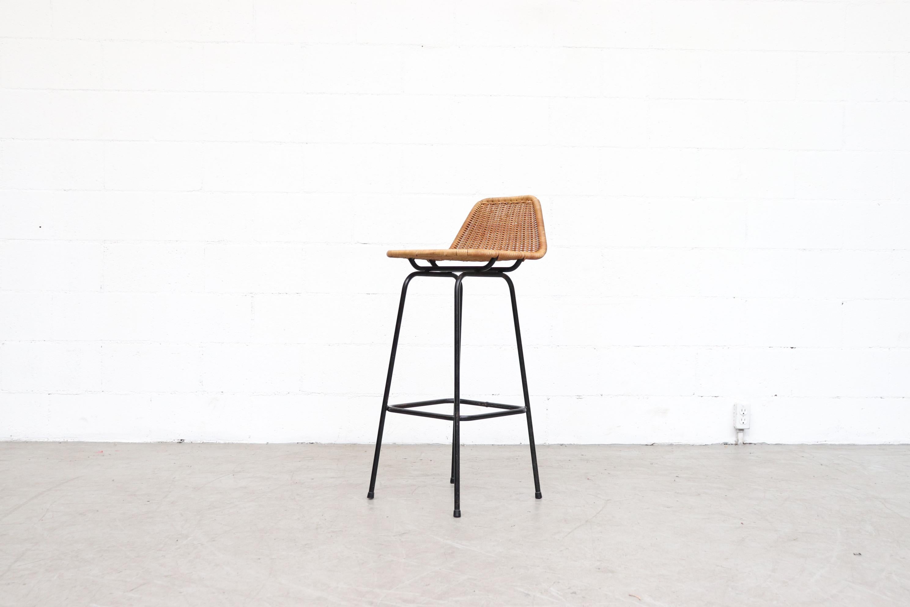 Mid-Century Modern Set of 4 Charlotte Perriand Style Wicker and Chrome Bar Stools