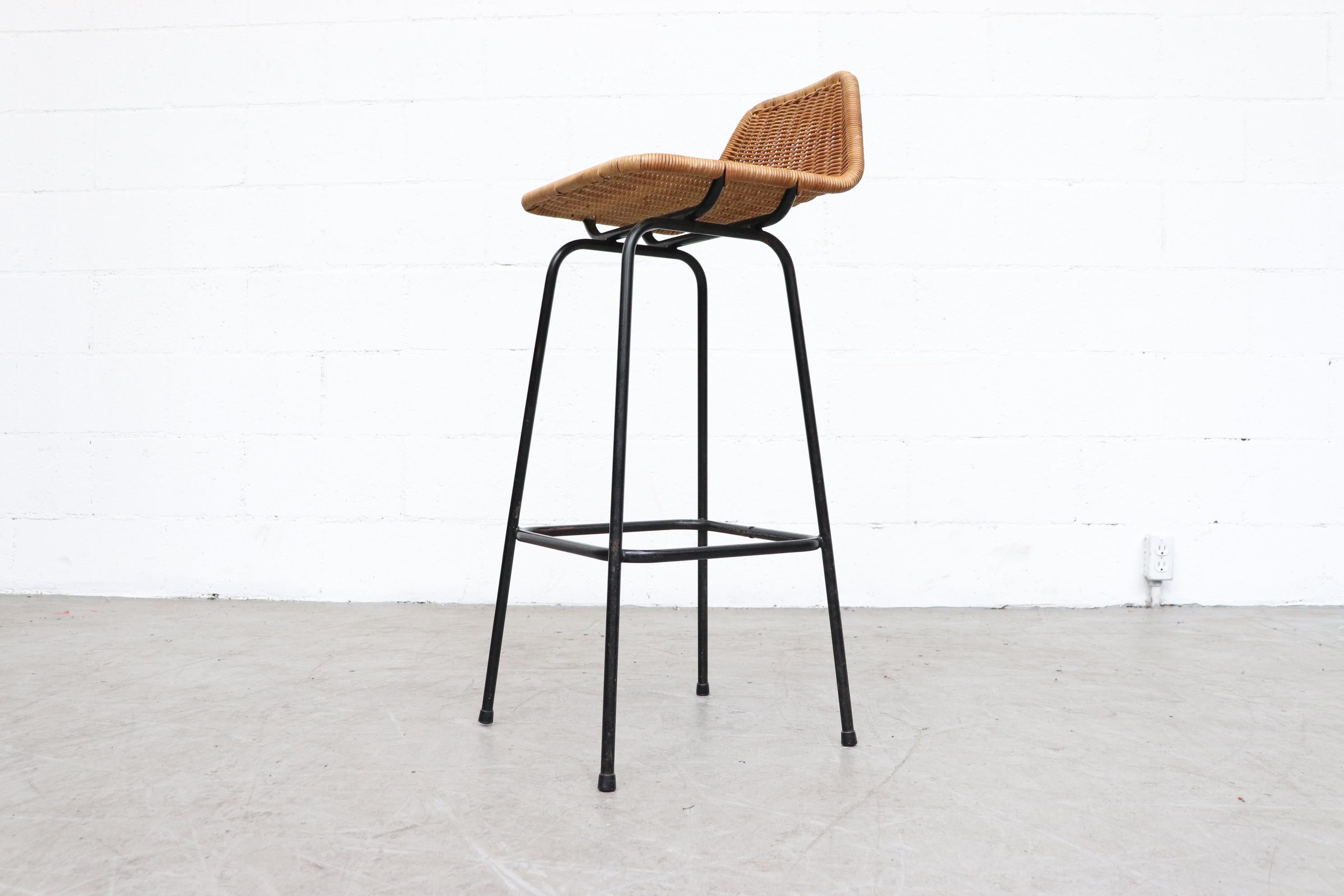 Mid-20th Century Set of 4 Charlotte Perriand Style Wicker and Chrome Bar Stools