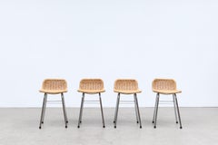 Set of 4 Charlotte Perriand Style Wicker and Chrome Counter Stools