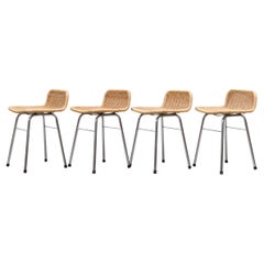 Set of 4 Charlotte Perriand Style Wicker and Chrome Counter Stools