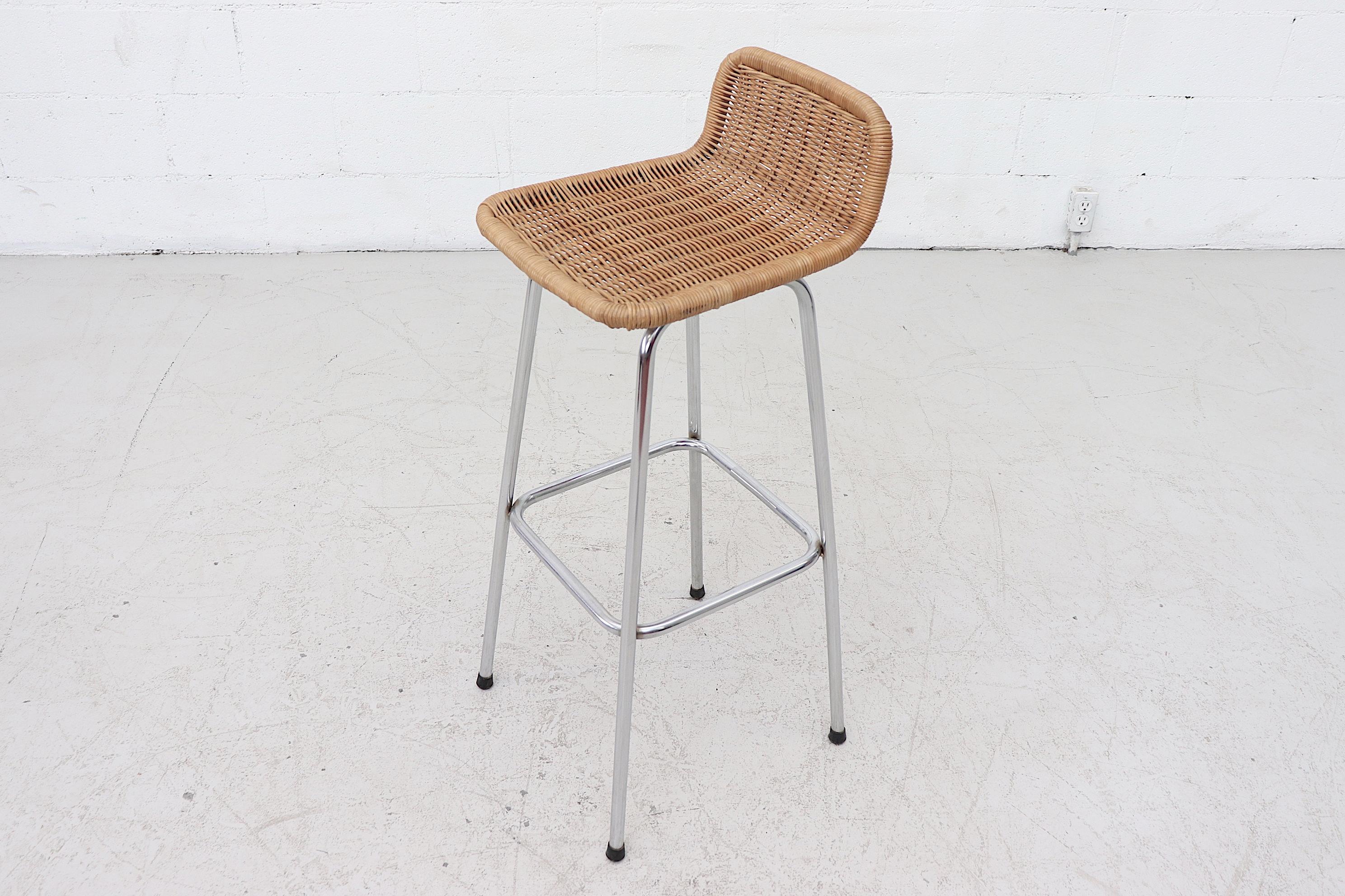 Set of 4 Charlotte Perriand Style Wicker Bar Stools In Good Condition In Los Angeles, CA