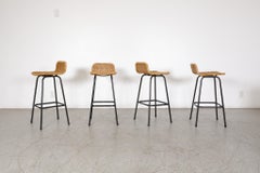 Set of 4 Charlotte Perriand Style Wicker Bar Stools with Black Legs