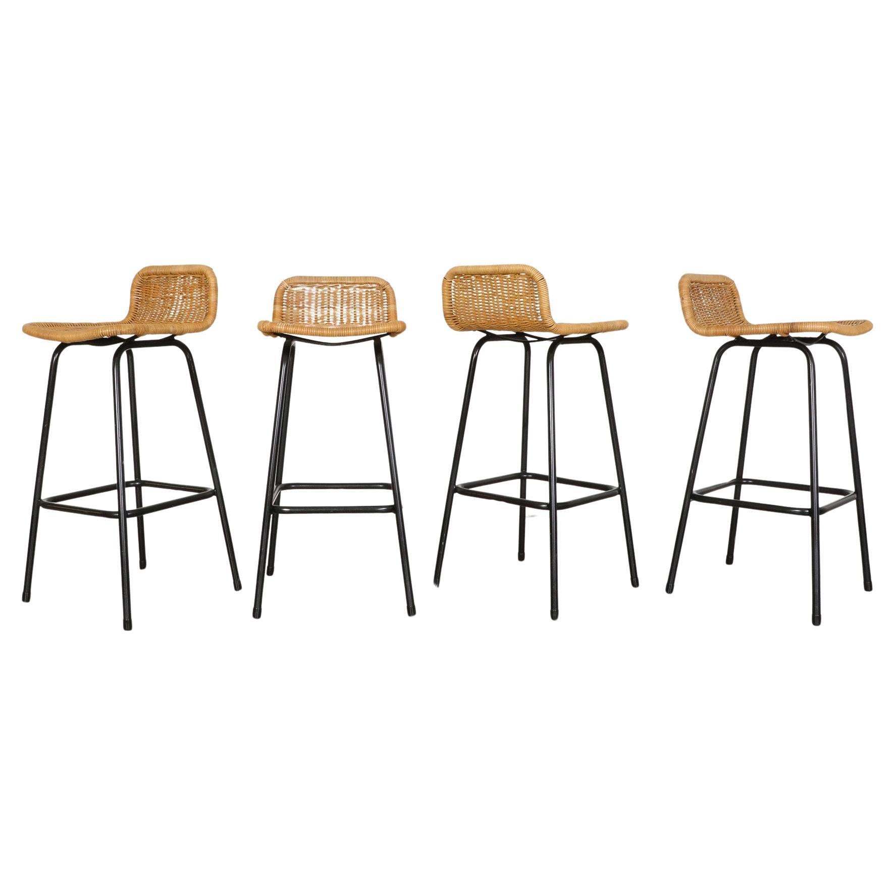 Set of 4 Charlotte Perriand Style Wicker Bar Stools with Black Legs