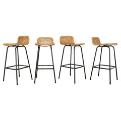Set of 4 Charlotte Perriand Style Wicker Bar Stools with Black Legs