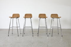 Set of 4 Charlotte Perriand Style Wicker Bar Stools with Chrome Legs