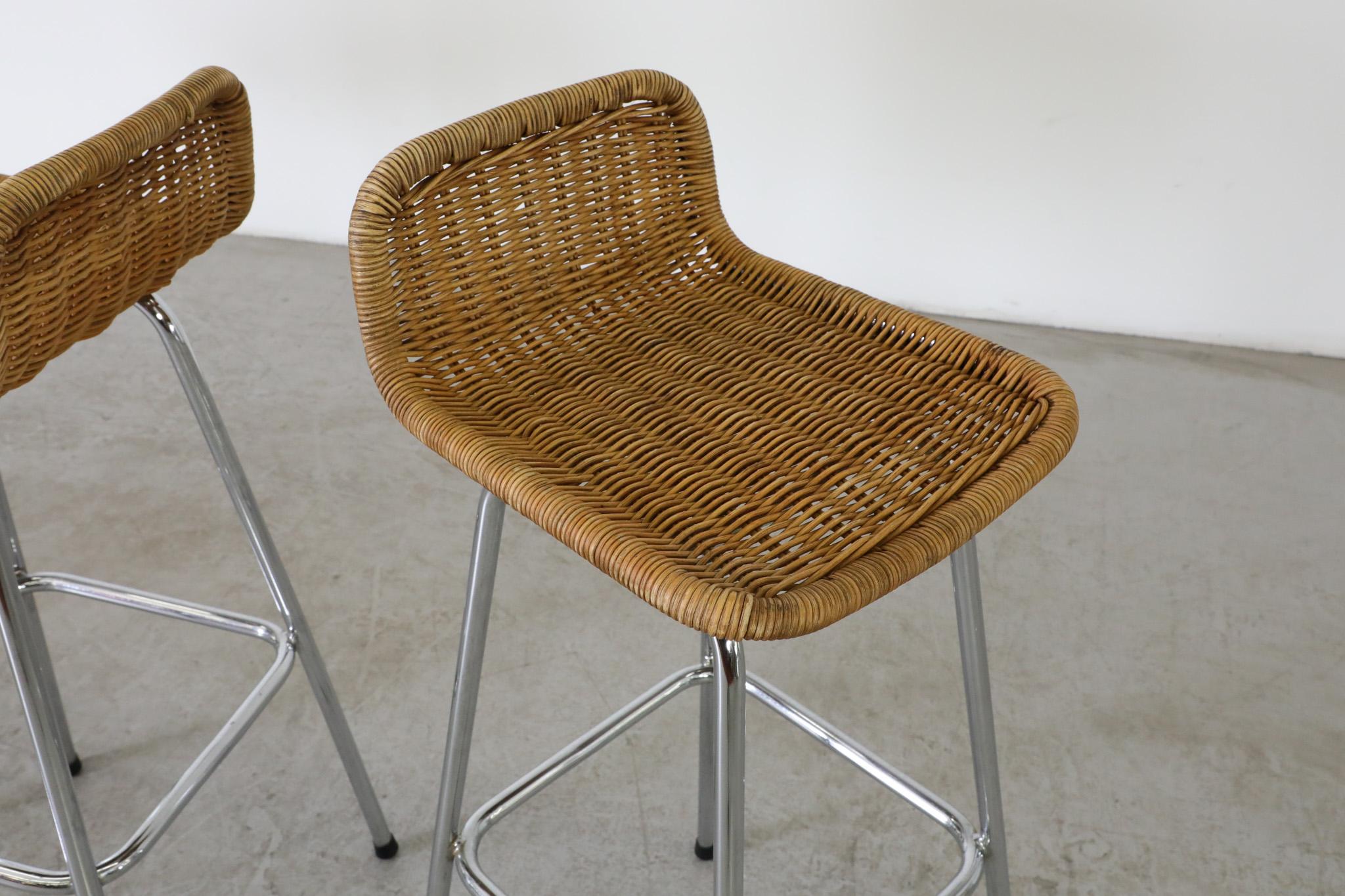 Set of 4 Charlotte Perriand Style Wicker Bar Stools with Chrome Legs In Good Condition For Sale In Los Angeles, CA