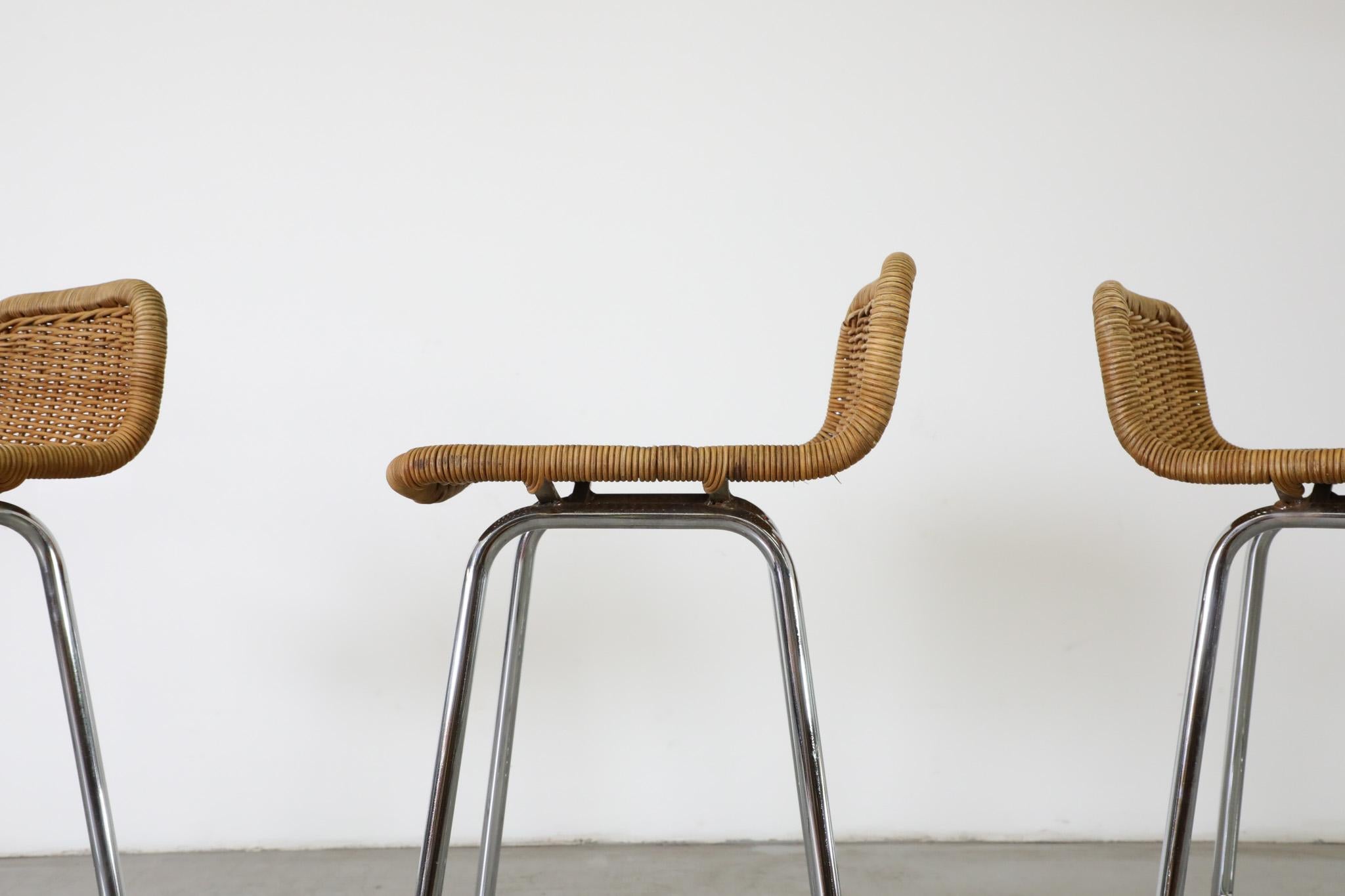 Mid-20th Century Set of 4 Charlotte Perriand Style Wicker Bar Stools with Chrome Legs For Sale