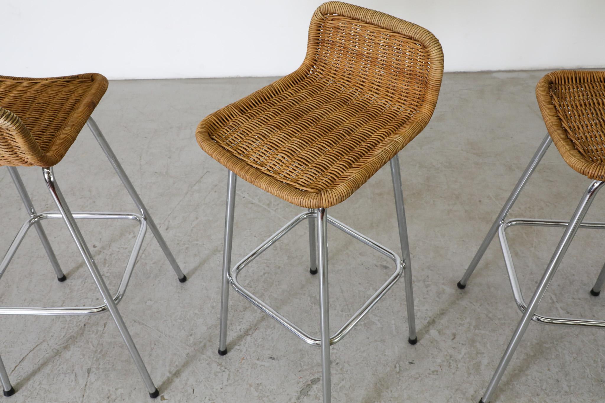 Rattan Set of 4 Charlotte Perriand Style Wicker Bar Stools with Chrome Legs For Sale