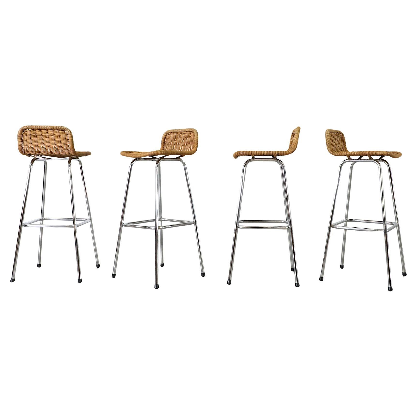 Set of 4 Charlotte Perriand Style Wicker Bar Stools with Chrome Legs For Sale