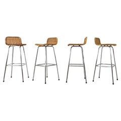 Retro Set of 4 Charlotte Perriand Style Wicker Bar Stools with Chrome Legs