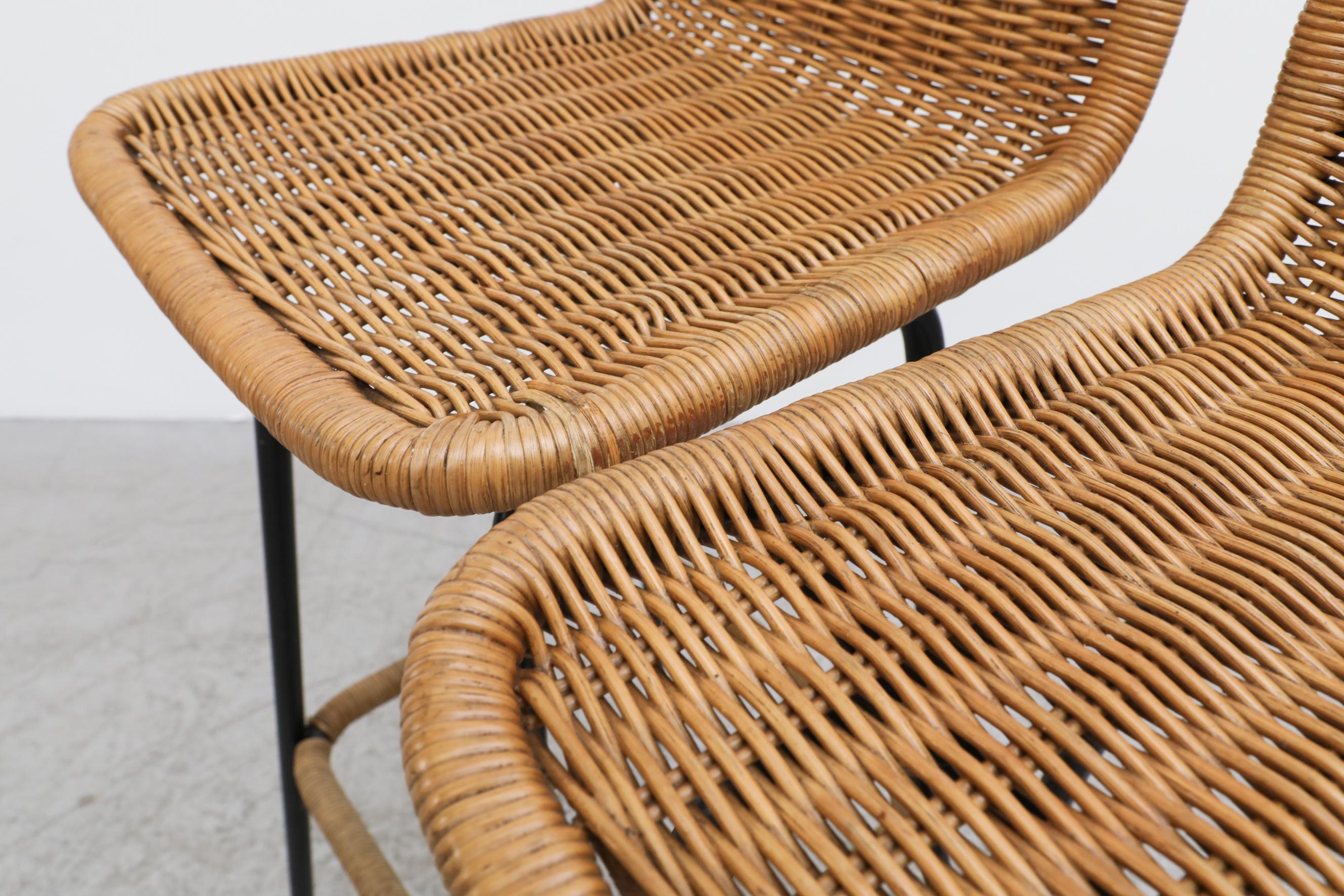 Dutch Set of 4 Charlotte Perriand Style Wicker Bar Stools with Rattan Footrest