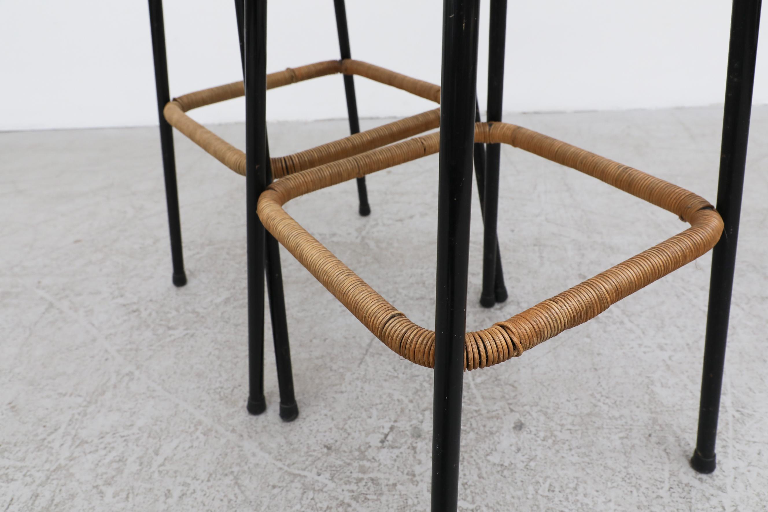 Mid-20th Century Set of 4 Charlotte Perriand Style Wicker Bar Stools with Rattan Footrest