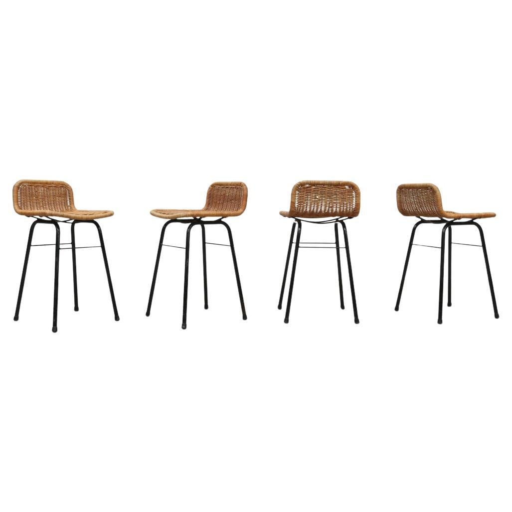 Set of 4 Charlotte Perriand Style Wicker Table or Counter Height Stools