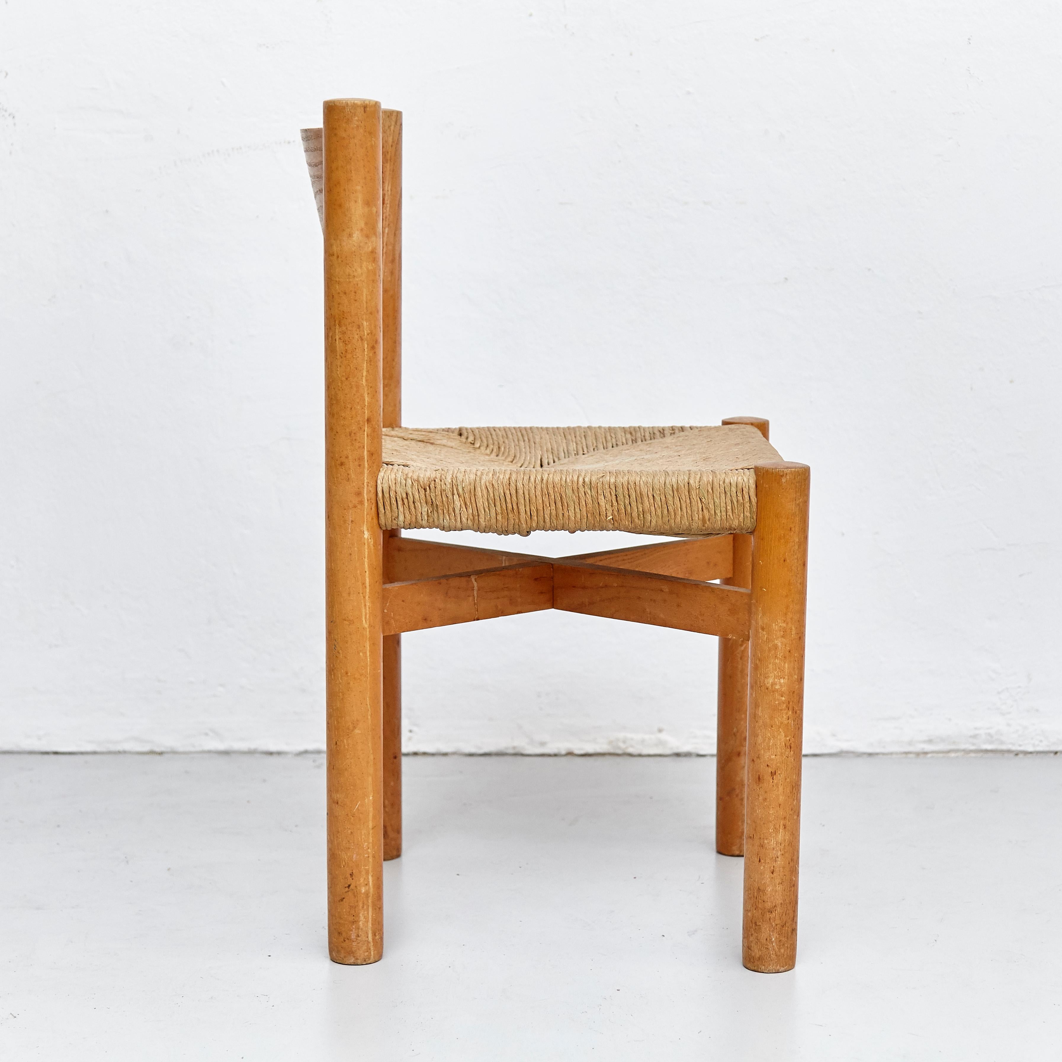 Set of 4 Charlotte Perriand Mid-Century Modern Wood Rattan Meribel French Chairs 7