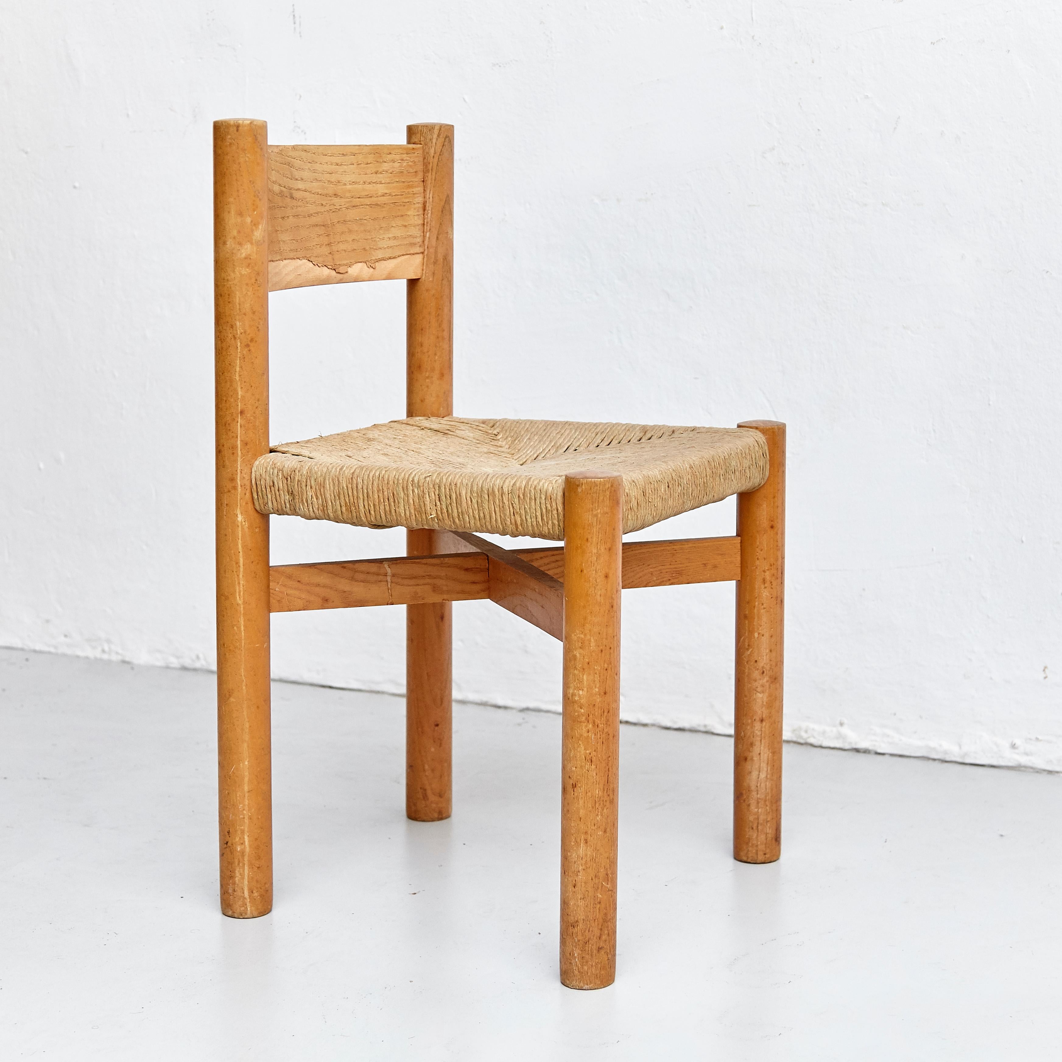 Set of 4 Charlotte Perriand Mid-Century Modern Wood Rattan Meribel French Chairs 8