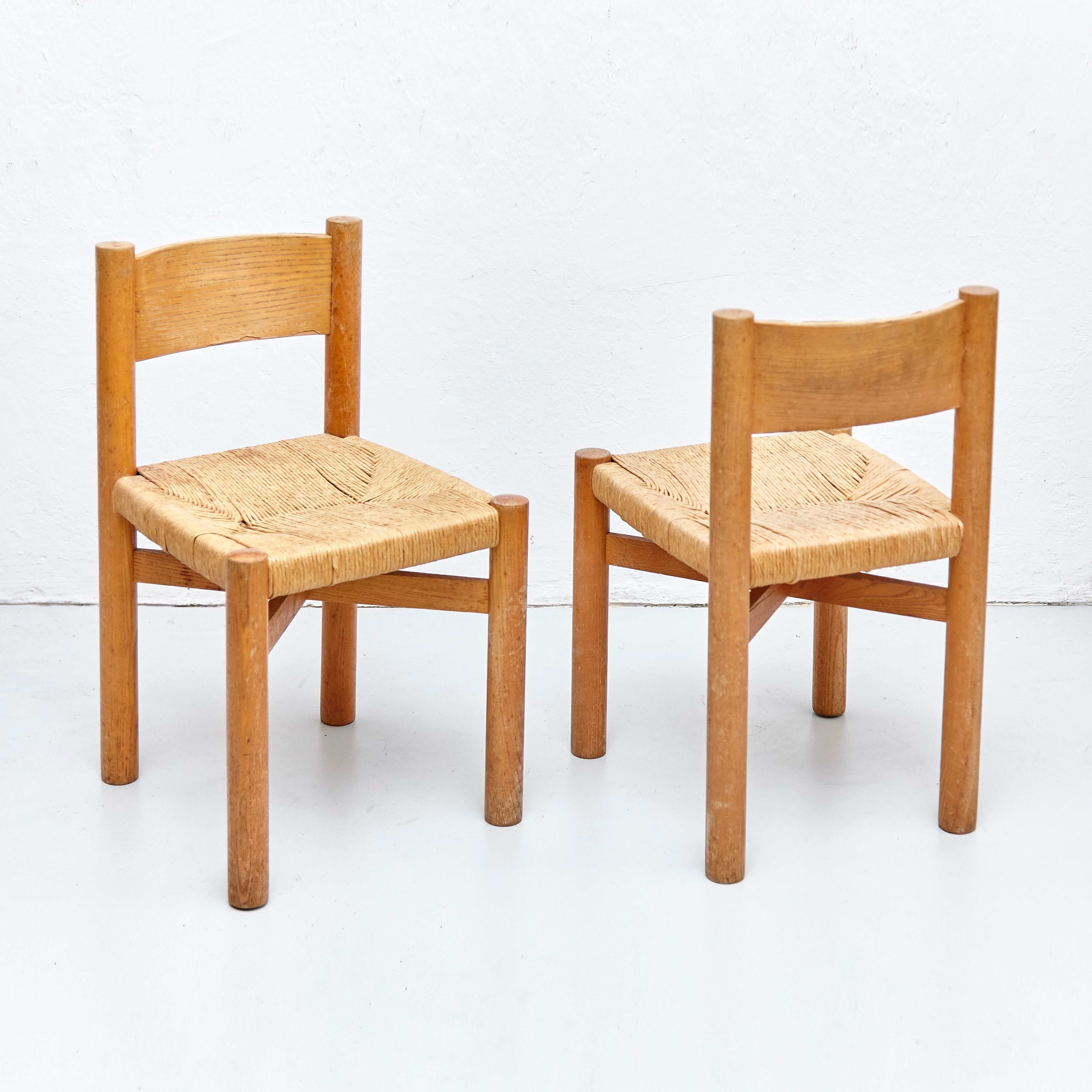 Set of 4 Charlotte Perriand Mid-Century Modern Wood Rattan Meribel French Chairs 1