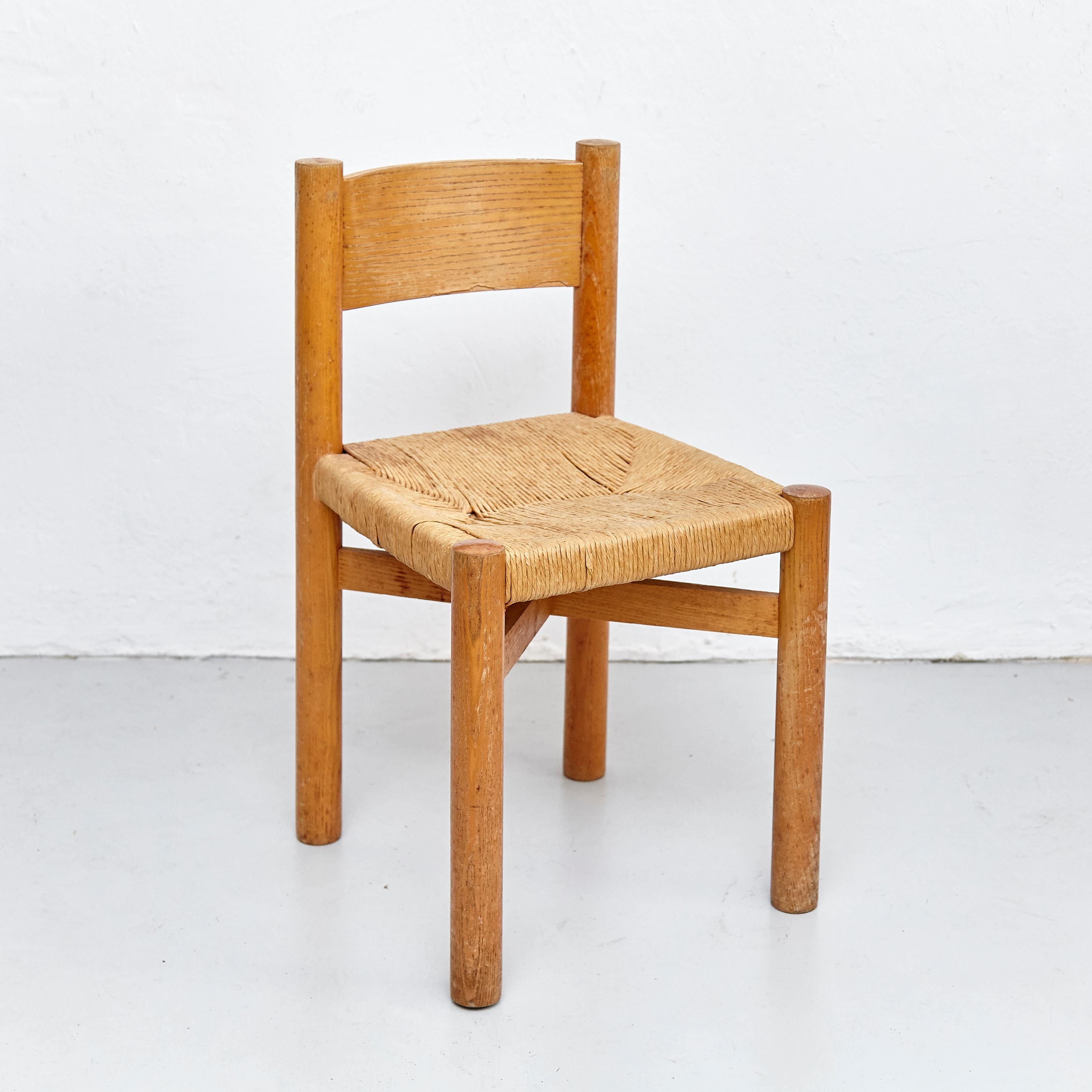 Set of 4 Charlotte Perriand Mid-Century Modern Wood Rattan Meribel French Chairs 3
