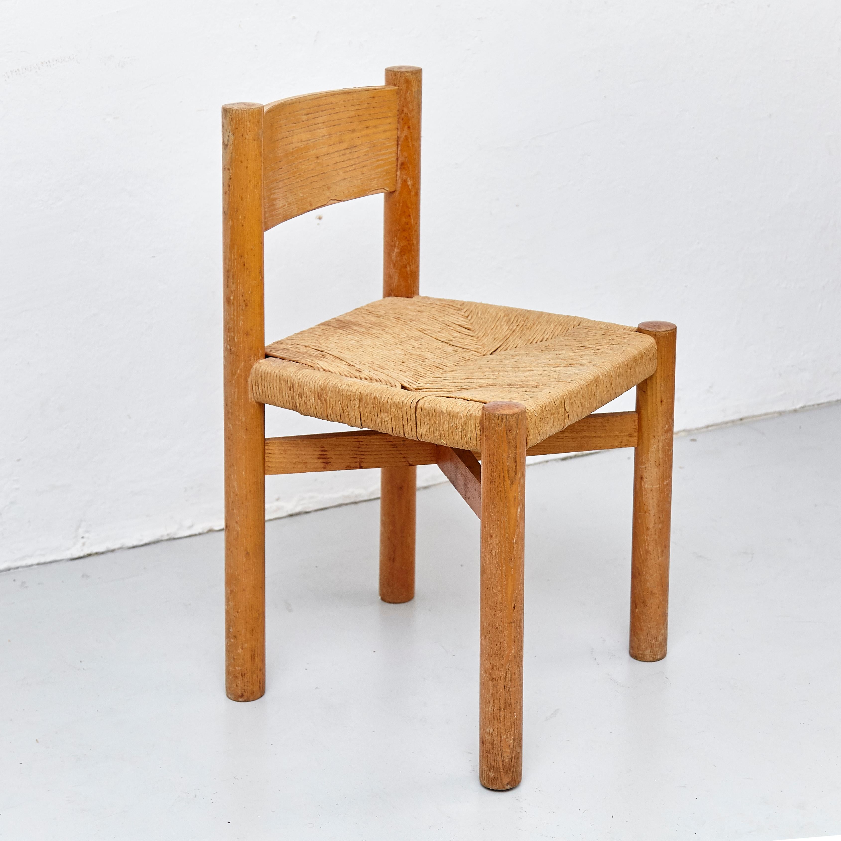 Set of 4 Charlotte Perriand Mid-Century Modern Wood Rattan Meribel French Chairs 4